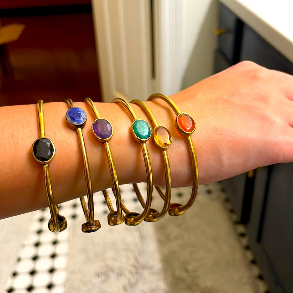 Set of 6 Vintage Handmade Brass Bangles Multicolor Genuine Semi-Precious Gems